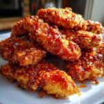 Close-up of a pile of crispy hot honey chicken tenders coated in a shiny, sticky glaze and sesame seeds.