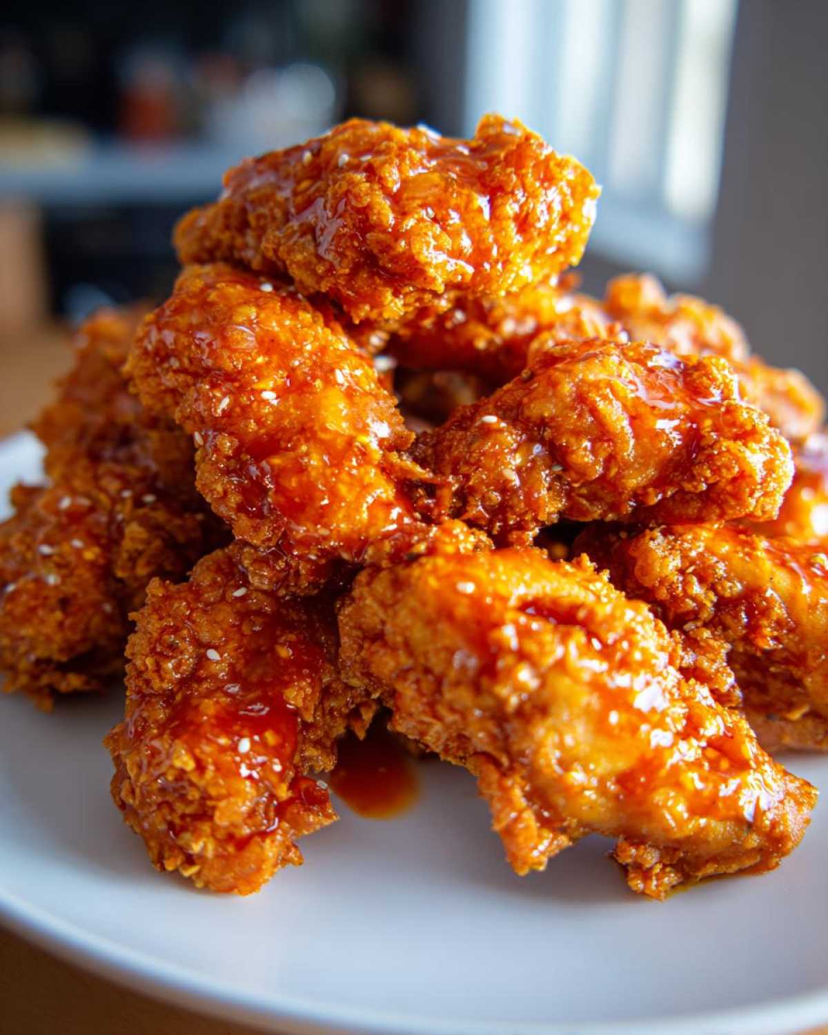 A close-up stack of crispy, glazed hot honey chicken tenders sprinkled with sesame seeds on a white plate.