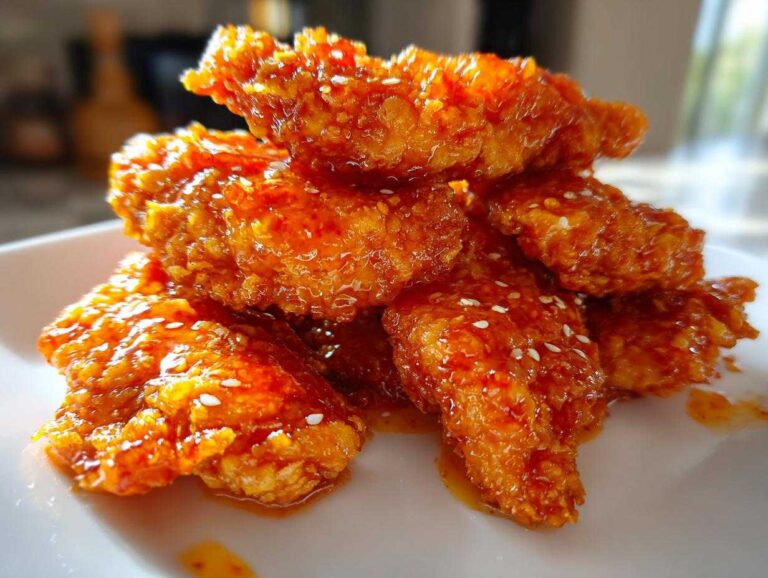 A close-up stack of crispy hot honey chicken tenders coated in a glossy, spicy-sweet glaze and sprinkled with sesame seeds.