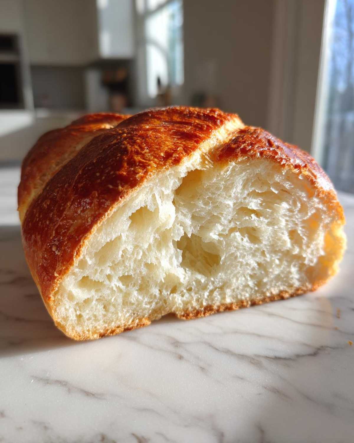 Close-up of the soft, airy interior (crumb) of a freshly baked Italian bread loaf with a golden-brown crust.