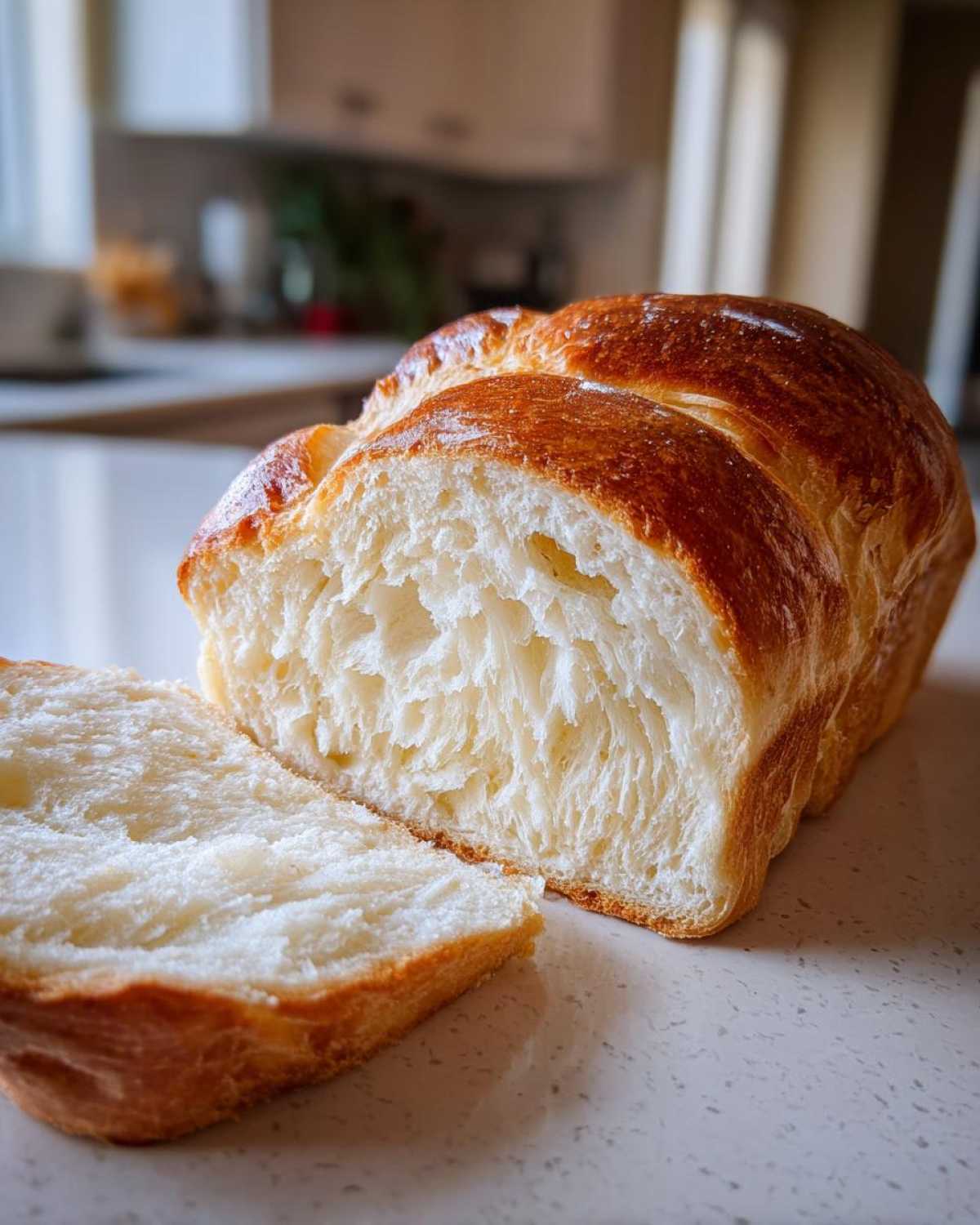 Crusty golden-brown loaf with a fluffy white interior on a speckled countertop.