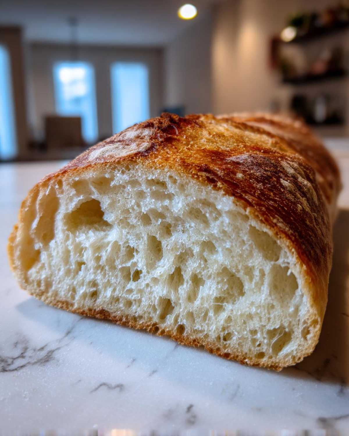 Close-up of the open crumb structure of a freshly baked Italian bread loaf showing an airy interior.