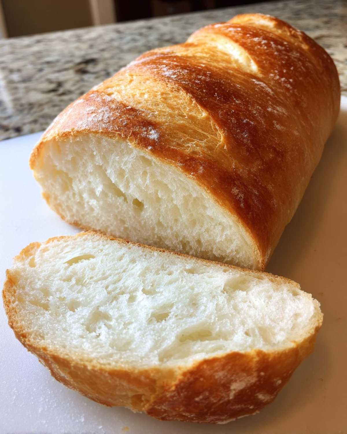 Close-up of a freshly baked Italian bread loaf, sliced to show the soft white interior and golden crust.