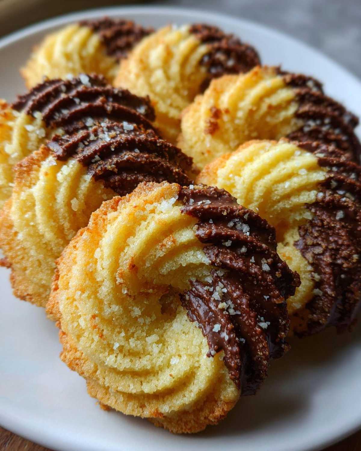 Close-up of piped, swirled Italian butter cookies partially dipped in dark chocolate and sprinkled with sea salt.