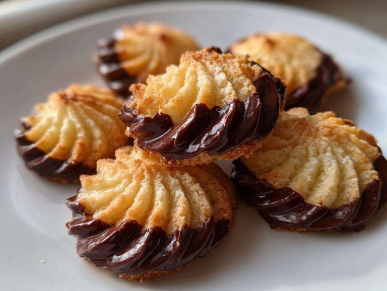 Amazing italian butter cookies: 1 secret tip Close-up of several piped Italian butter cookies, lightly browned and dipped in rich dark chocolate.