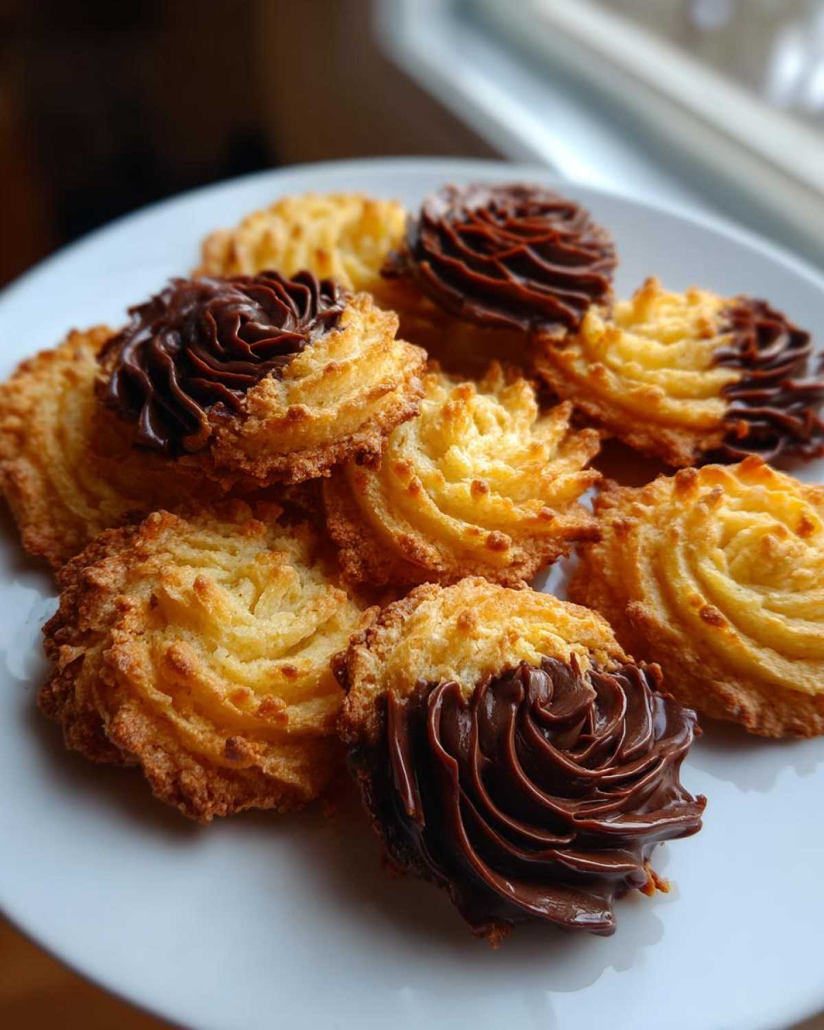 A plate of golden Italian butter cookies, some topped with rich chocolate frosting swirls.
