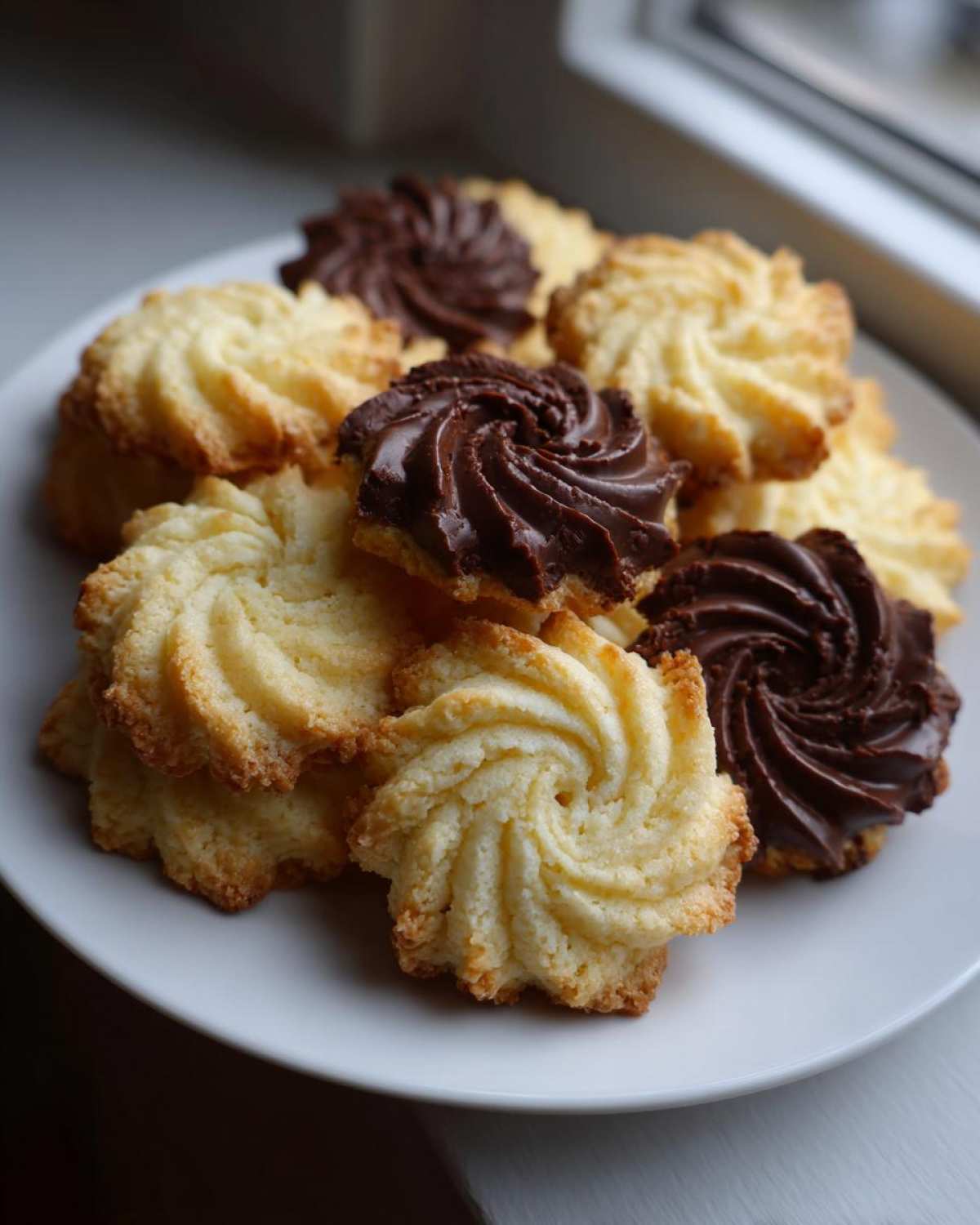 A plate piled high with piped Italian butter cookies, some plain and some topped with rich chocolate frosting.