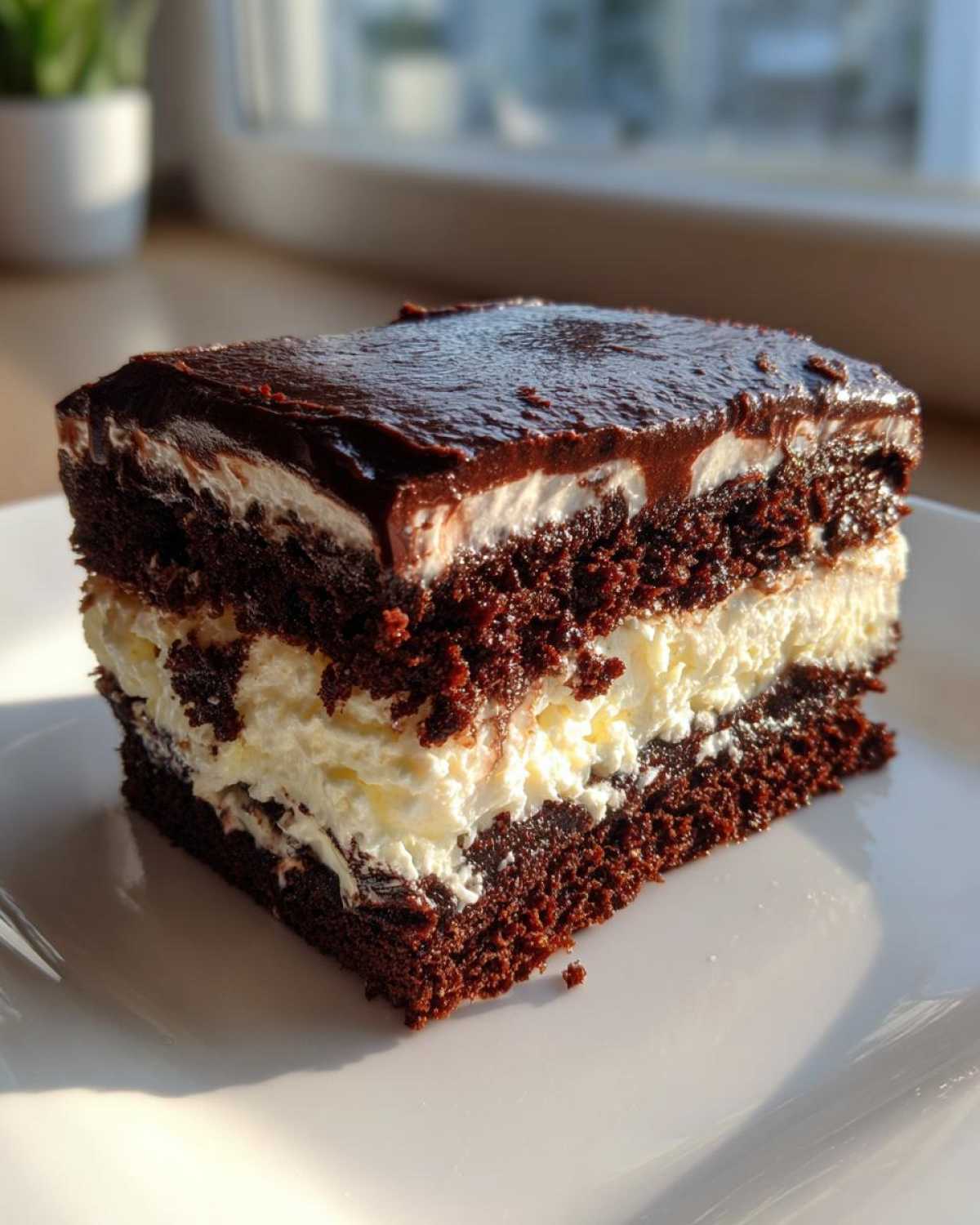 A moist slice of layered Italian love cake featuring dark chocolate cake, creamy white filling, and glossy chocolate ganache.