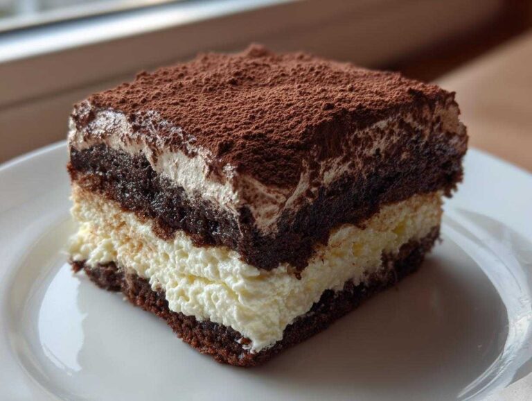 A decadent square slice of Italian love cake featuring layers of dark chocolate cake and creamy filling, topped with cocoa powder.