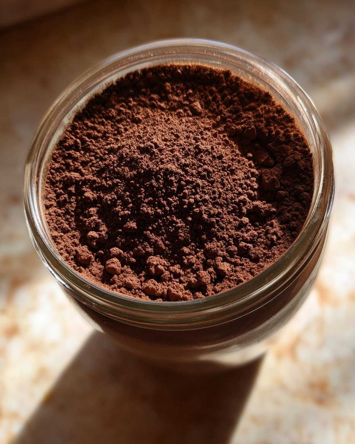 Overhead view of rich, dark brown hot cocoa mix powder filling a clear glass jar.