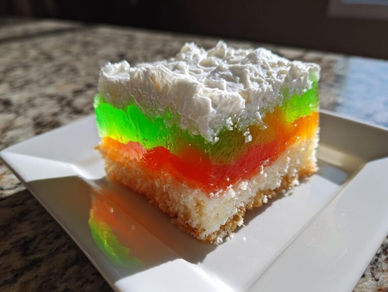 A square slice of jello poke cake showing layers of white cake, bright green and orange jello, topped with whipped cream.