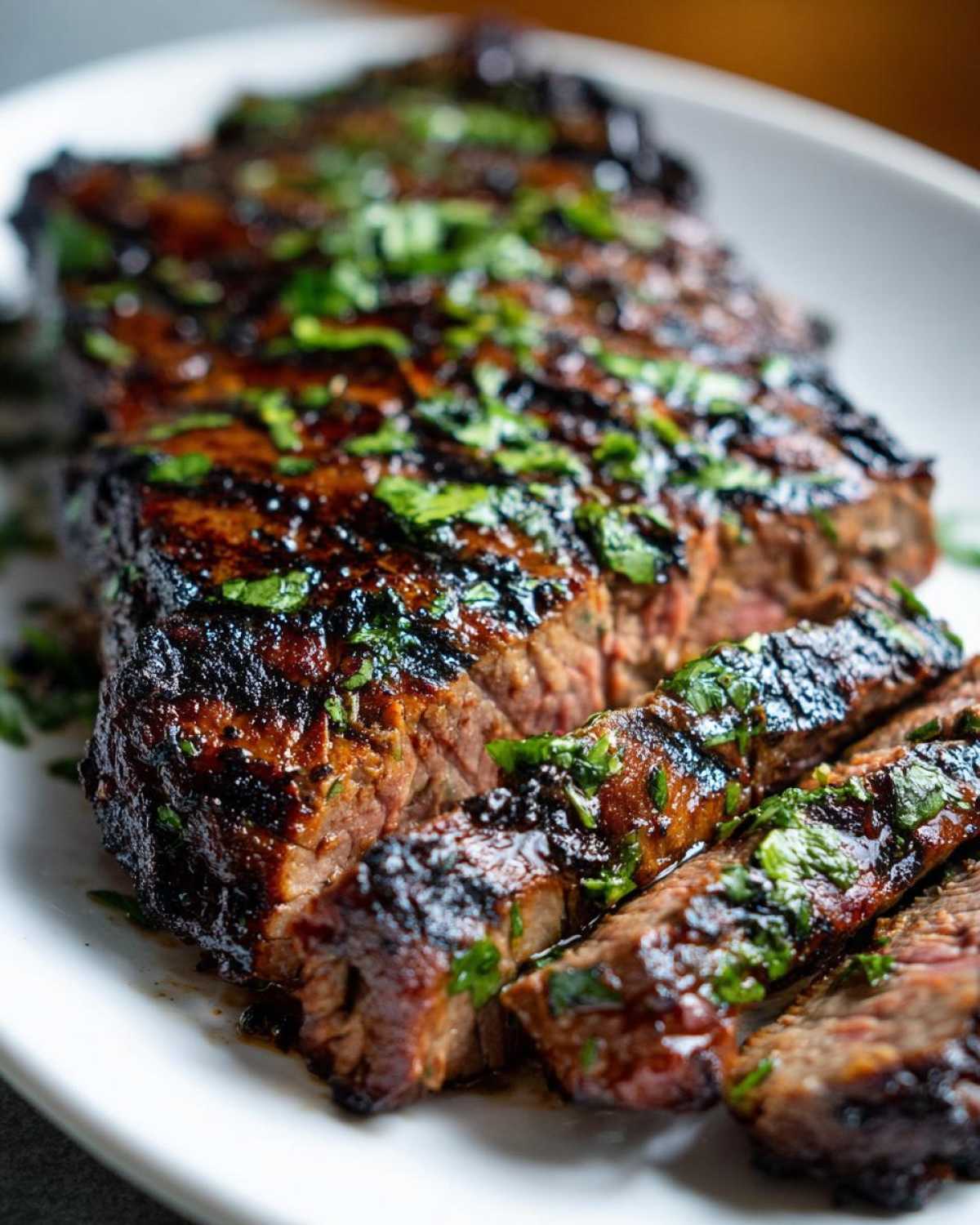 Close-up of perfectly grilled and sliced carne asada, glistening with marinade and topped with fresh cilantro.