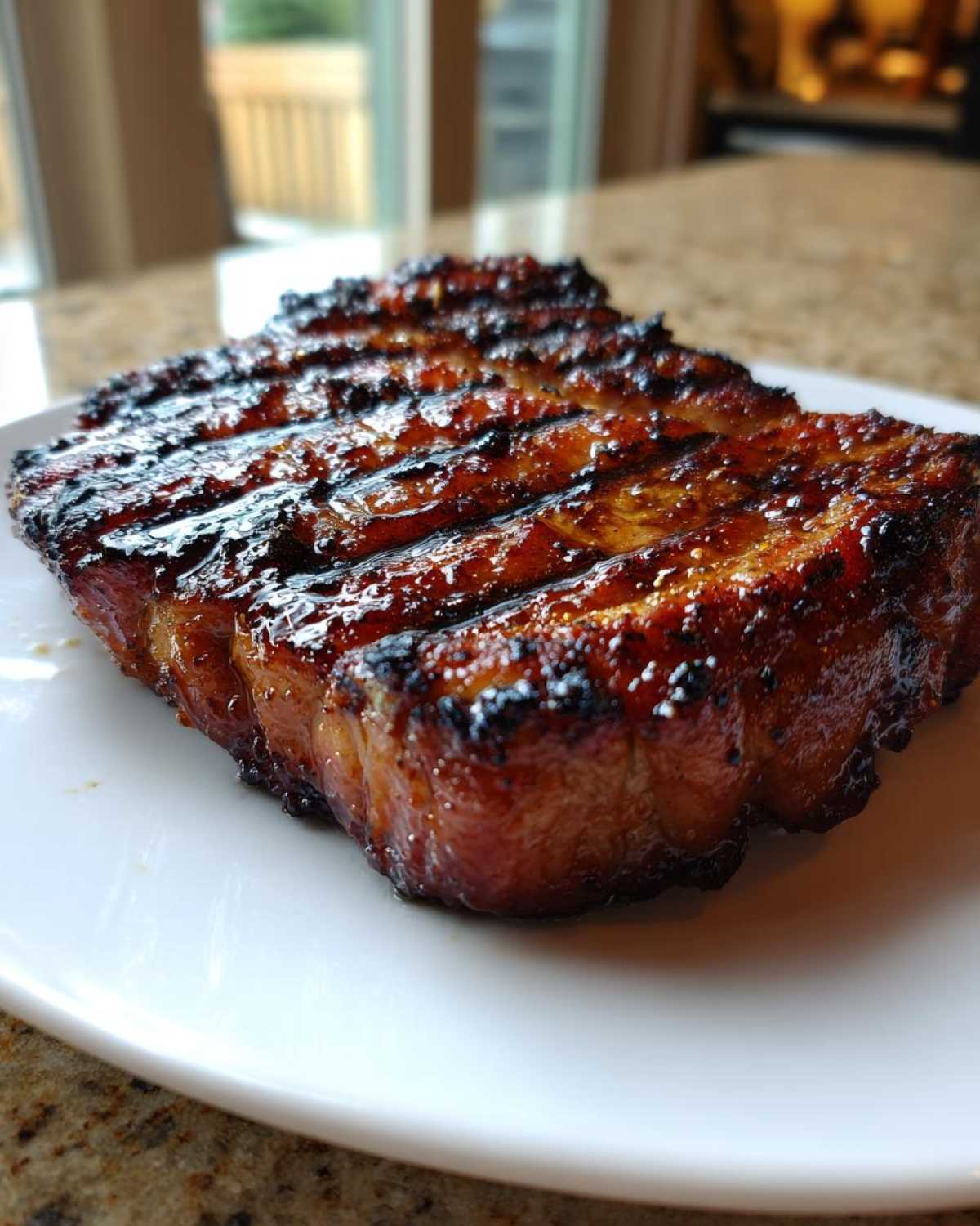 Close-up of a thick, juicy pork steak recipe cut with a dark, caramelized glaze and distinct grill marks.