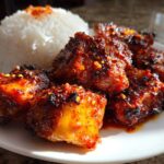 Close-up of glazed, spicy harissa chicken pieces served next to a mound of white rice on a white plate.