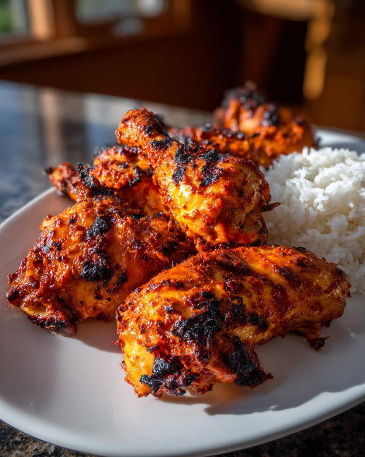Close-up of grilled, charred harissa chicken pieces served next to a mound of white rice on a white plate.