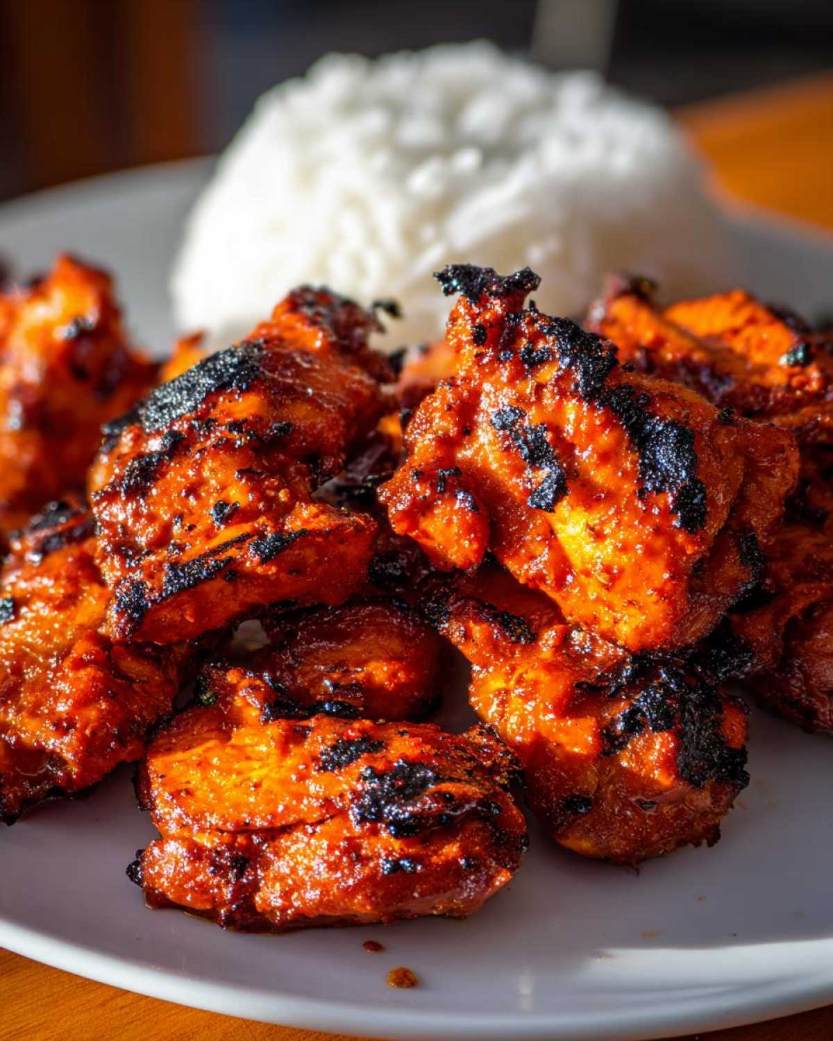 Close-up of bright orange, charred pieces of harissa chicken served next to a mound of white rice.