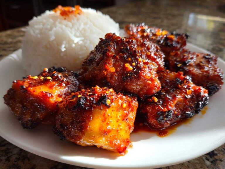 Close-up of glazed, spicy harissa chicken pieces served next to a mound of white rice on a white plate.
