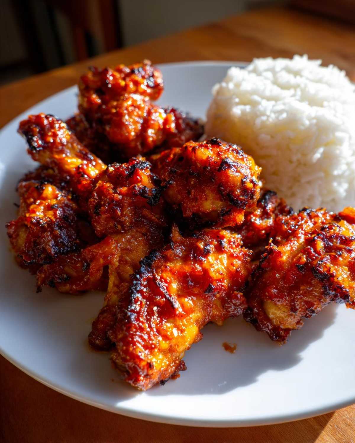Close-up of sticky, glazed harissa chicken wings served alongside a mound of fluffy white rice on a white plate.