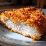 Close-up of a perfectly cooked parmesan crusted chicken breast showing the white, juicy interior and golden-brown crust.