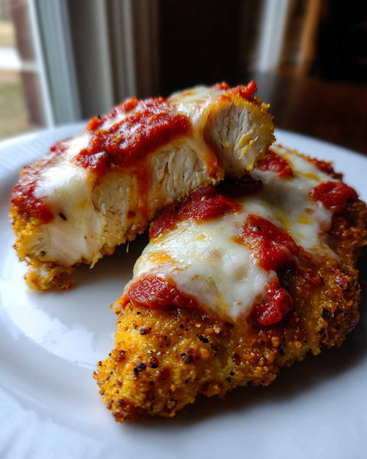 Close-up of keto chicken parmesan, showing the crispy breading, juicy interior, melted mozzarella, and marinara sauce.