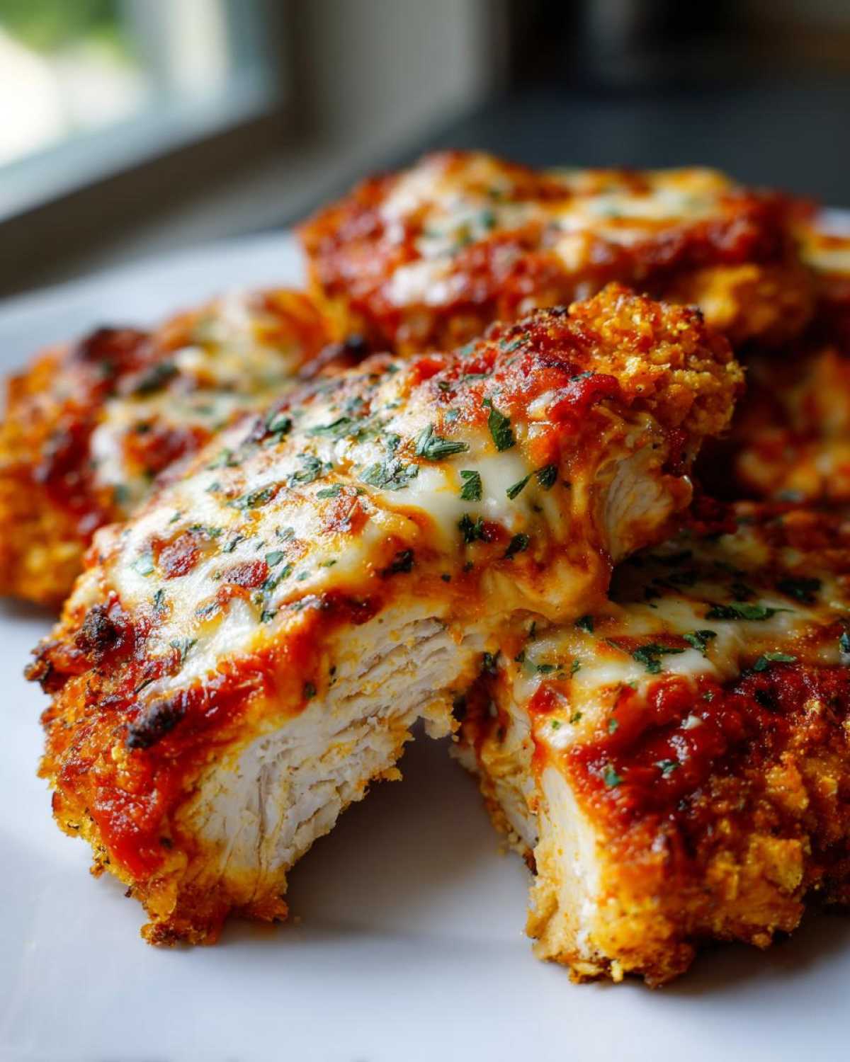 Close-up of a piece of keto chicken parmesan cut in half, showing juicy white meat under melted cheese and marinara sauce.