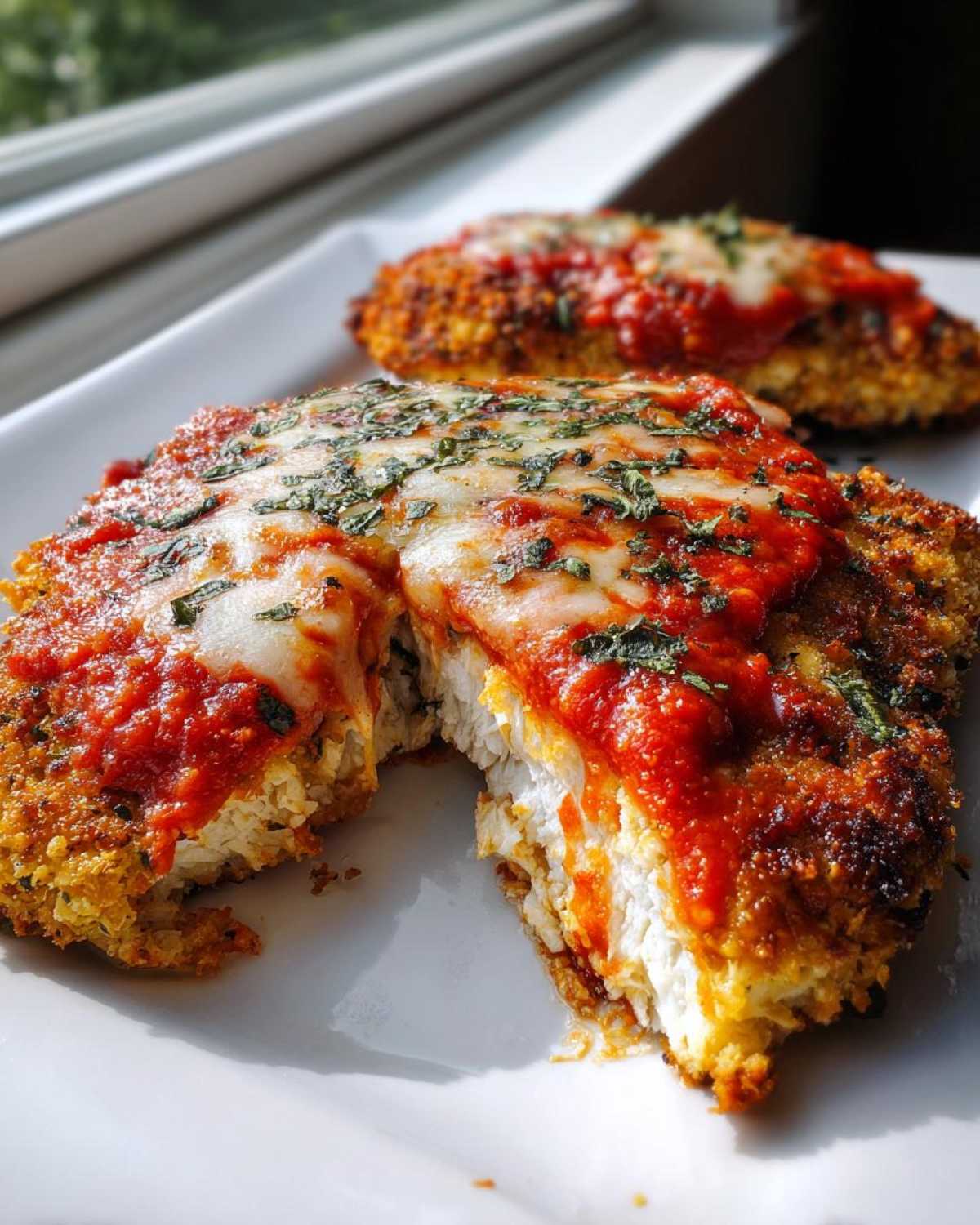 Close-up of keto chicken parmesan cut open to show white chicken breast, crispy coating, marinara sauce, and melted mozzarella.