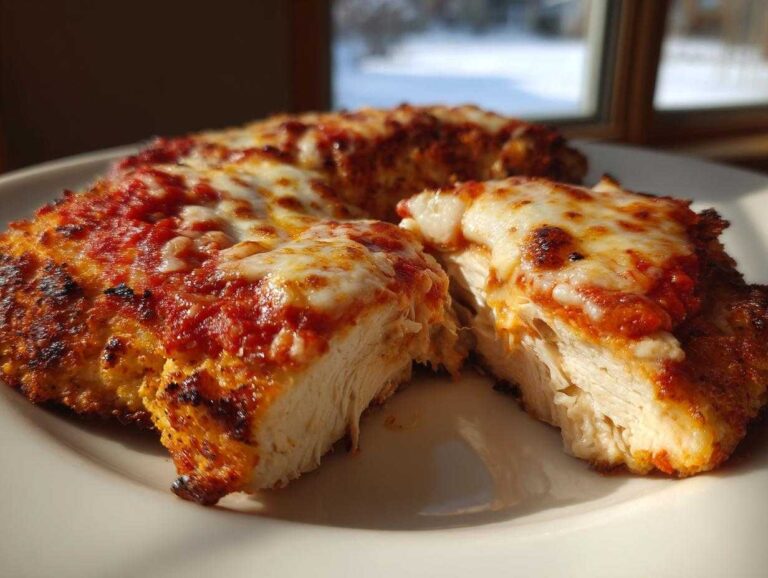 Close-up of keto chicken parmesan cut in half showing juicy white chicken breast topped with melted cheese and marinara sauce.
