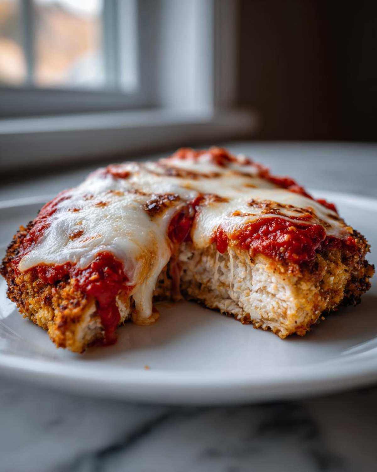 Close-up of keto chicken parmesan with a bite taken out, showing melted mozzarella cheese and marinara sauce over the breaded chicken.