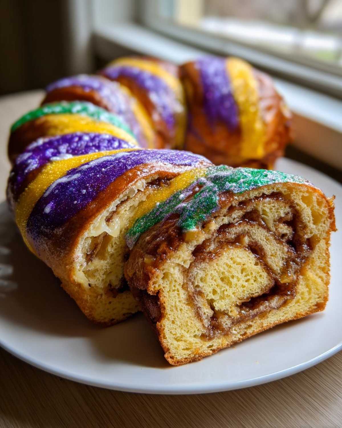 Cross-section view of a delicious king cake showing cinnamon swirl filling and purple, green, and gold icing stripes.
