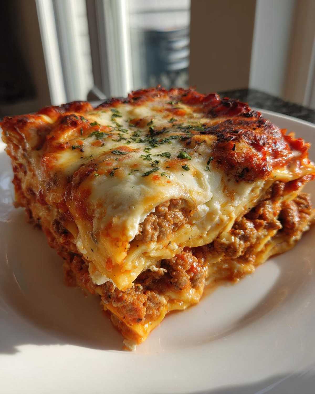 A thick, cheesy slice of Lasagna with Cottage Cheese showing layers of pasta, meat sauce, and melted cheese topping.