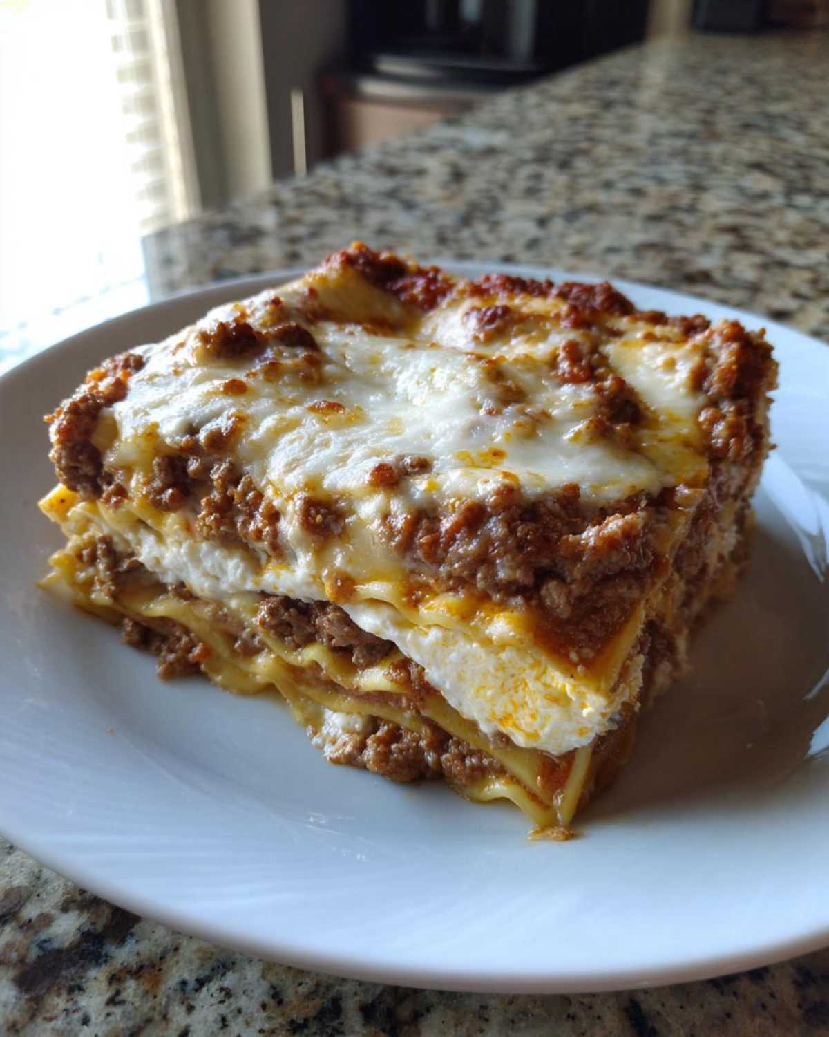 A generous slice of layered Lasagna with Cottage Cheese, featuring meat sauce and melted cheese topping.