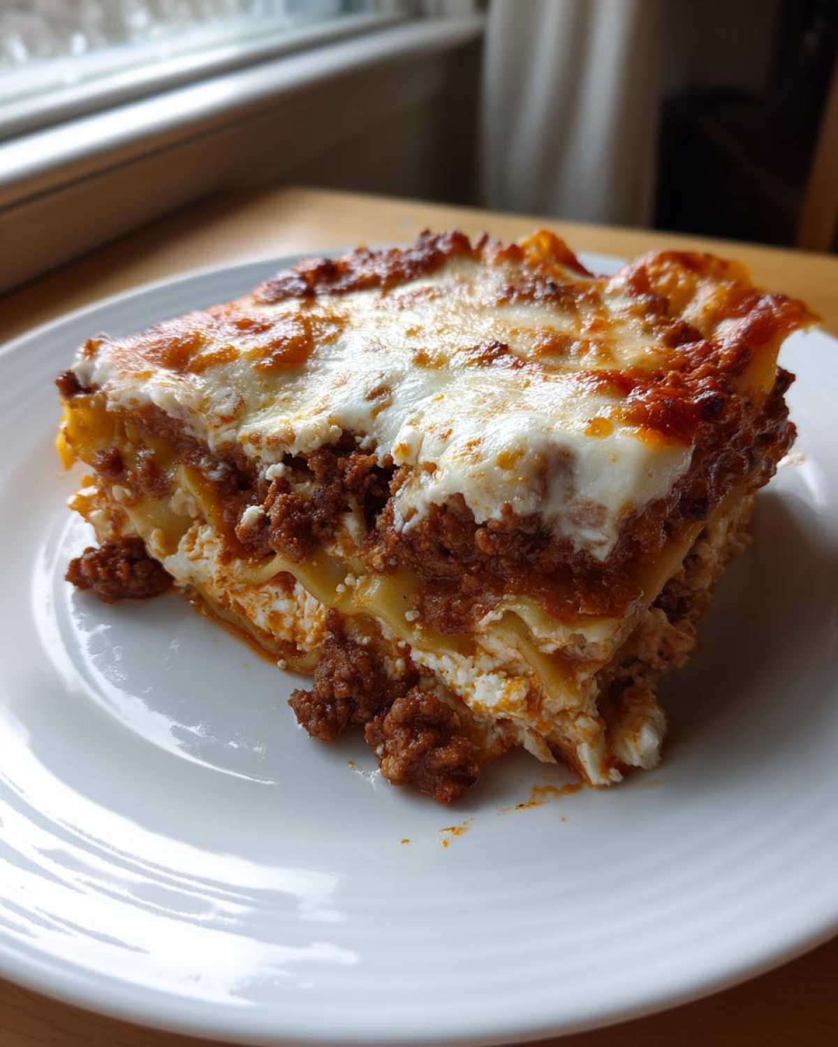 A generous slice of layered Lasagna with Cottage Cheese, featuring rich meat sauce and melted cheesy topping.