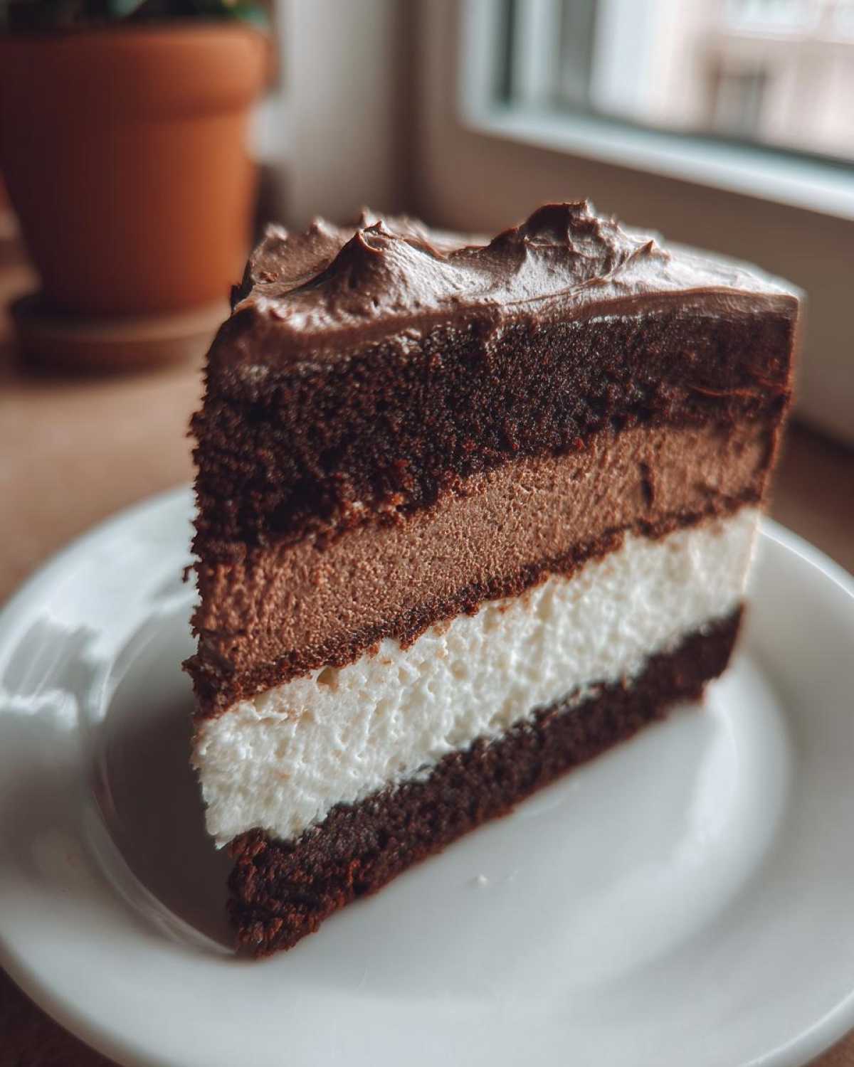Close-up of a decadent slice of layered chocolate italian love cake with white filling.