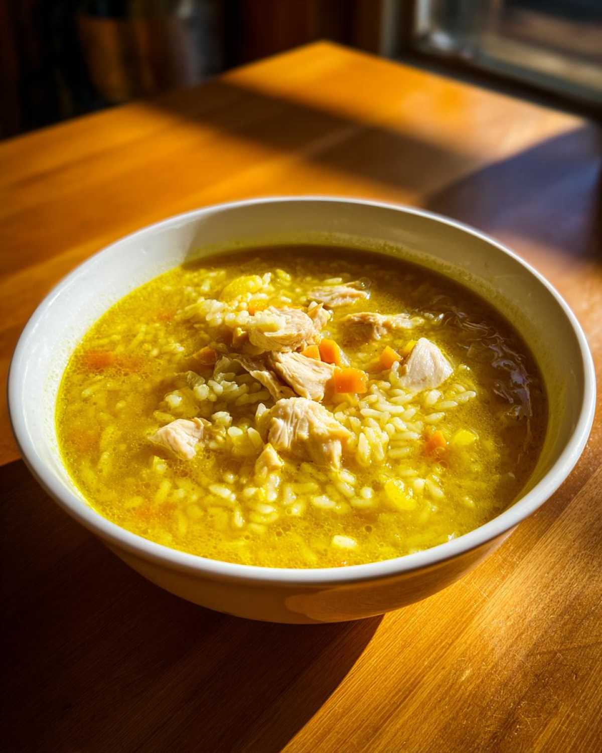A close-up of a white bowl filled with vibrant yellow Lemon Ginger Turmeric Chicken and Rice Soup, showing shredded chicken, rice, and carrots.