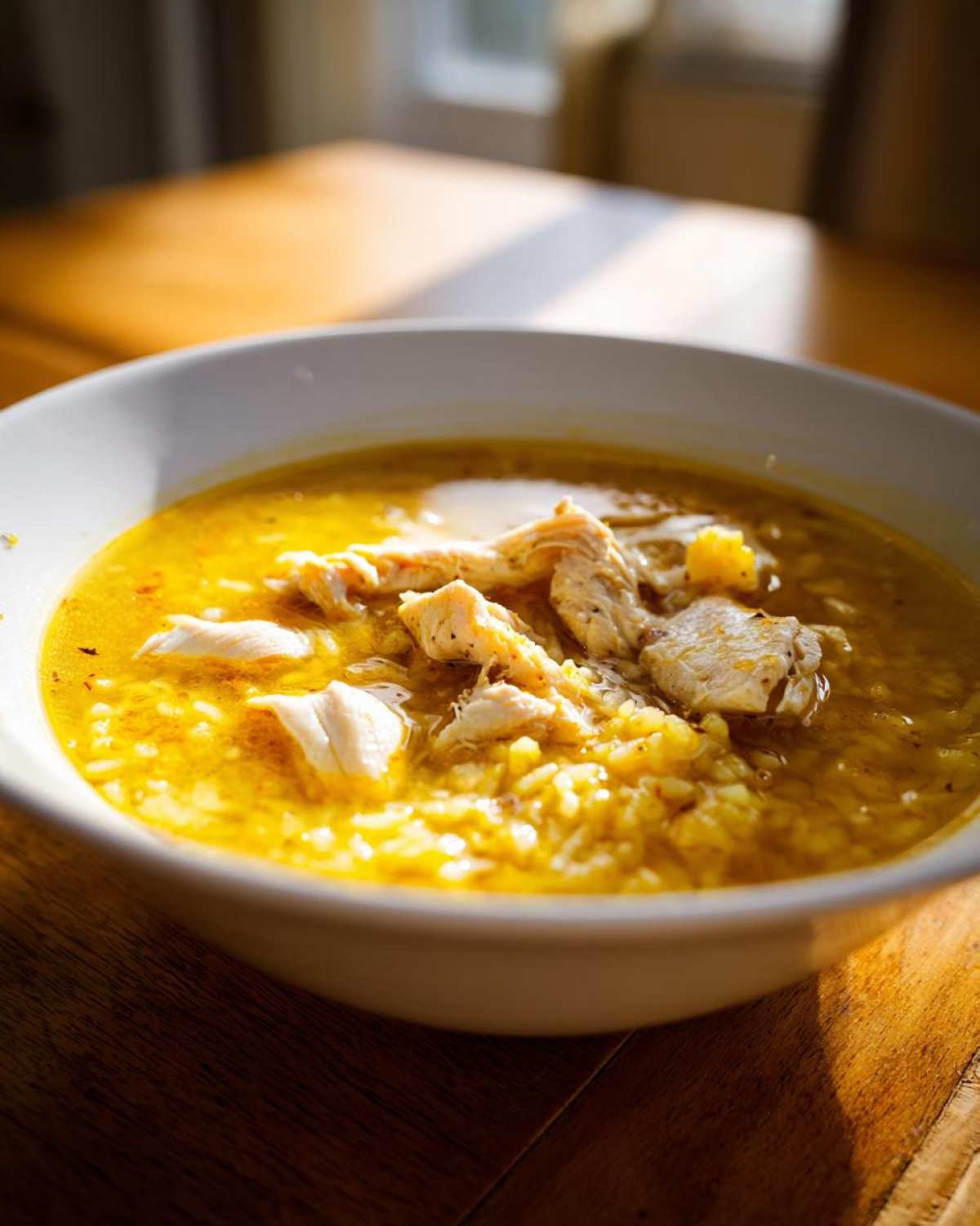 Close-up of a white bowl filled with vibrant yellow Lemon Ginger Turmeric Chicken and Rice Soup, featuring shredded chicken and rice.