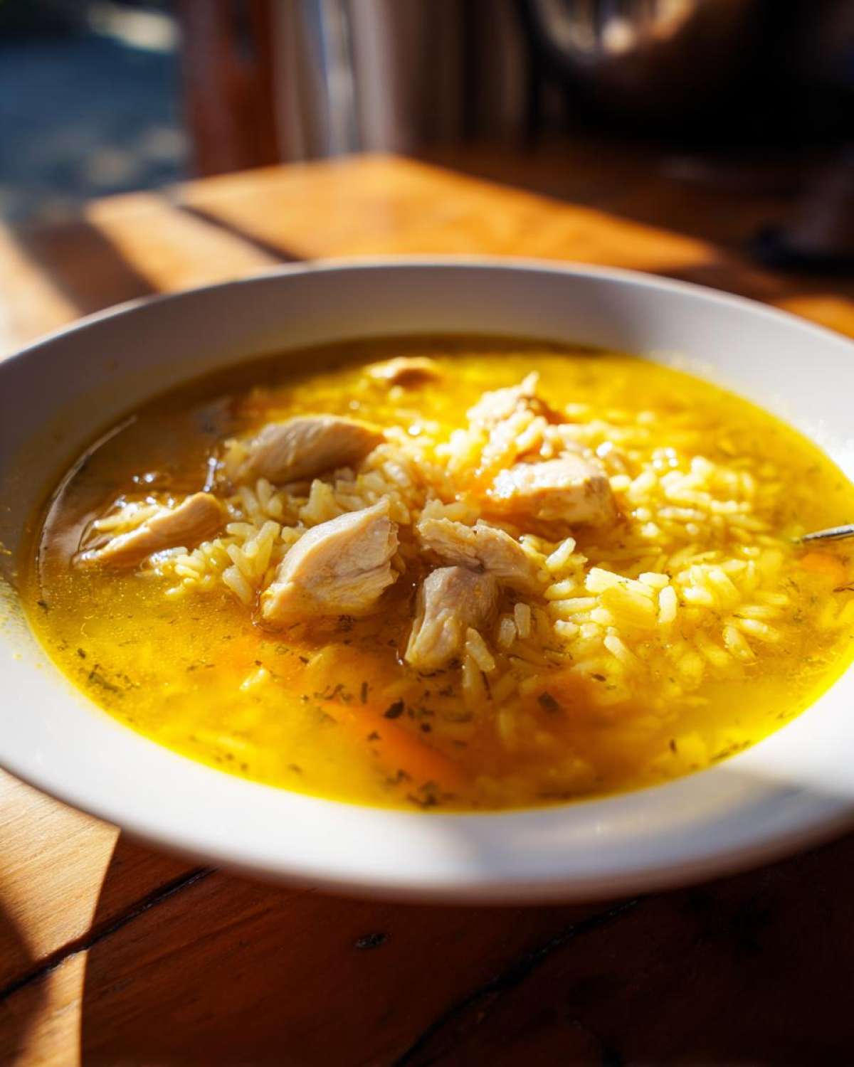 Close-up of a white bowl filled with bright yellow Lemon Ginger Turmeric Chicken and Rice Soup, featuring chunks of chicken and rice.