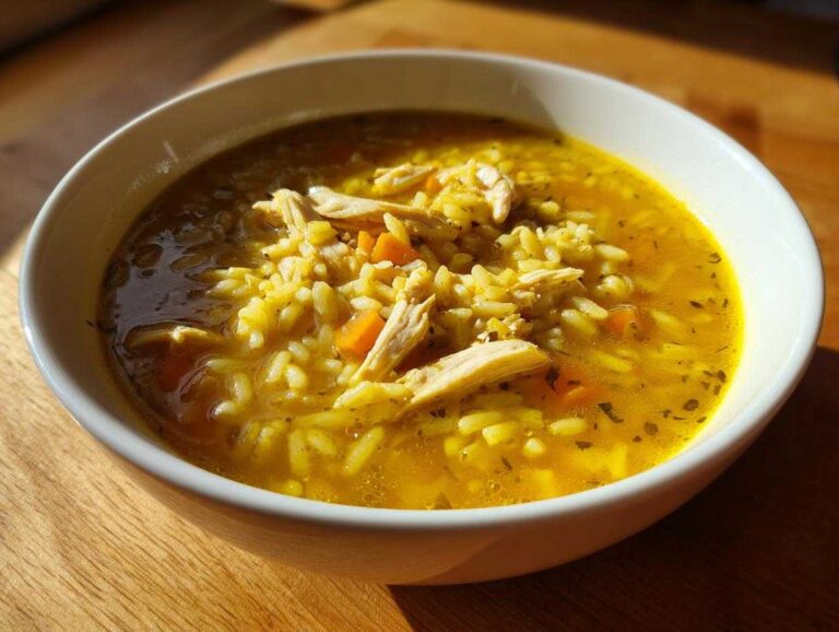 Amazing Lemon Ginger Turmeric Chicken and Rice Soup Close-up of a white bowl filled with vibrant yellow Lemon Ginger Turmeric Chicken and Rice Soup, featuring rice, shredded chicken, and carrots.