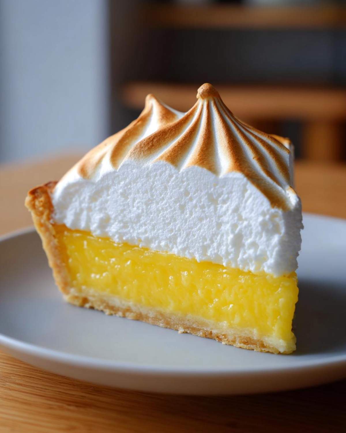 A close-up of a slice of lemon meringue pie showing bright yellow filling and torched meringue peaks.