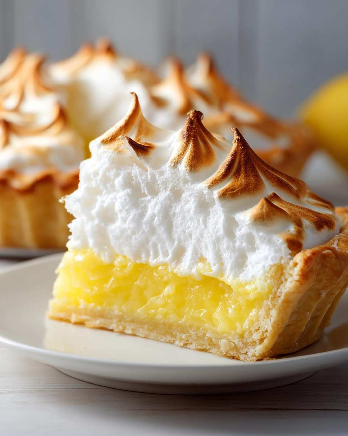Close-up of a perfect slice of lemon meringue pie showing bright yellow curd and tall, torched meringue peaks.
