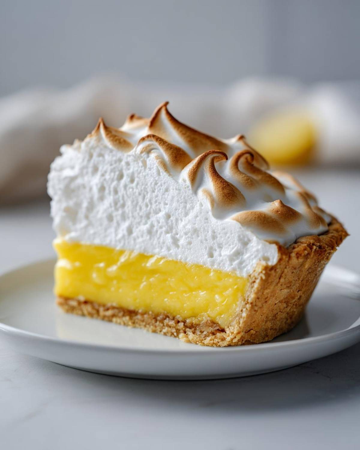 A perfect slice of lemon meringue pie showing the thick, bright yellow curd and tall, torched meringue topping.