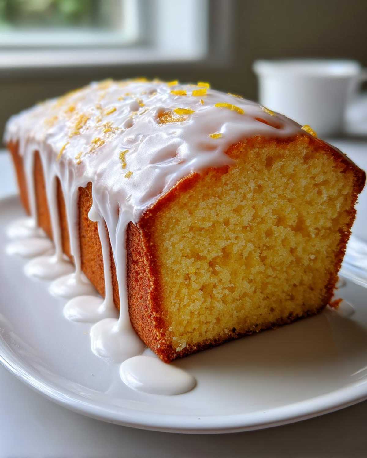 A moist, golden lemon pound cake drizzled with white glaze and topped with bright lemon zest.