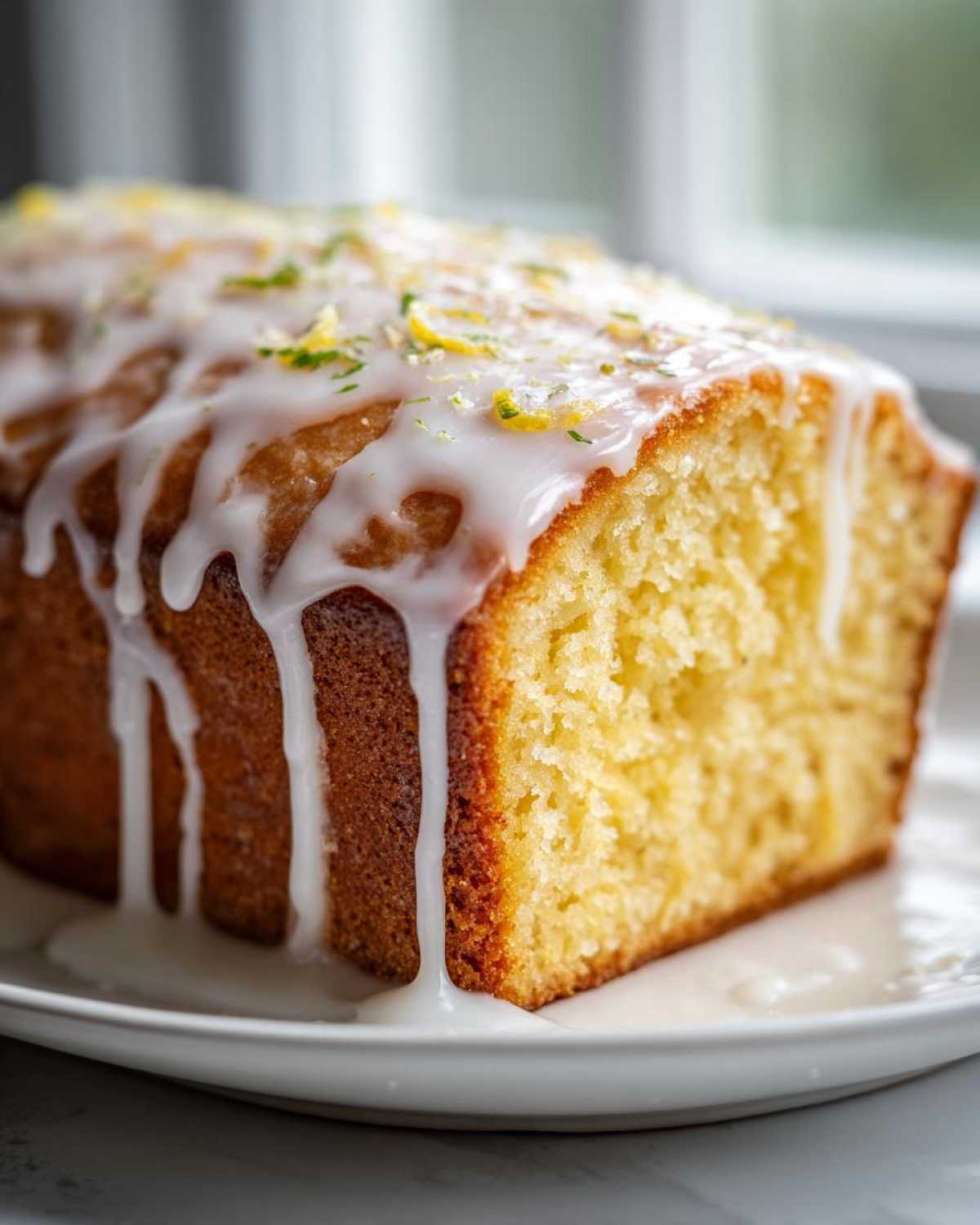 Close-up of a slice of moist lemon pound cake topped with thick white glaze and lemon zest.