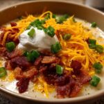 A close-up of creamy loaded baked potato soup garnished with shredded cheddar, bacon bits, sour cream, and green onions.