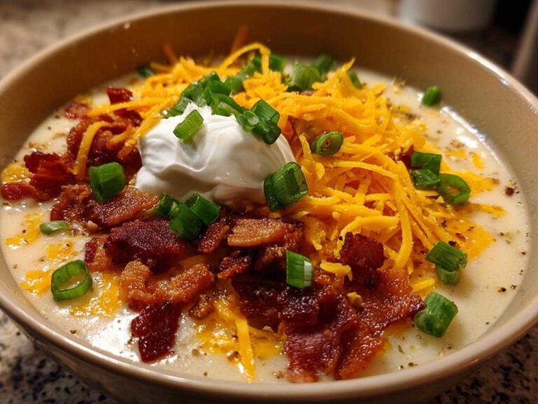 A close-up of creamy loaded baked potato soup garnished with shredded cheddar, bacon bits, sour cream, and green onions.