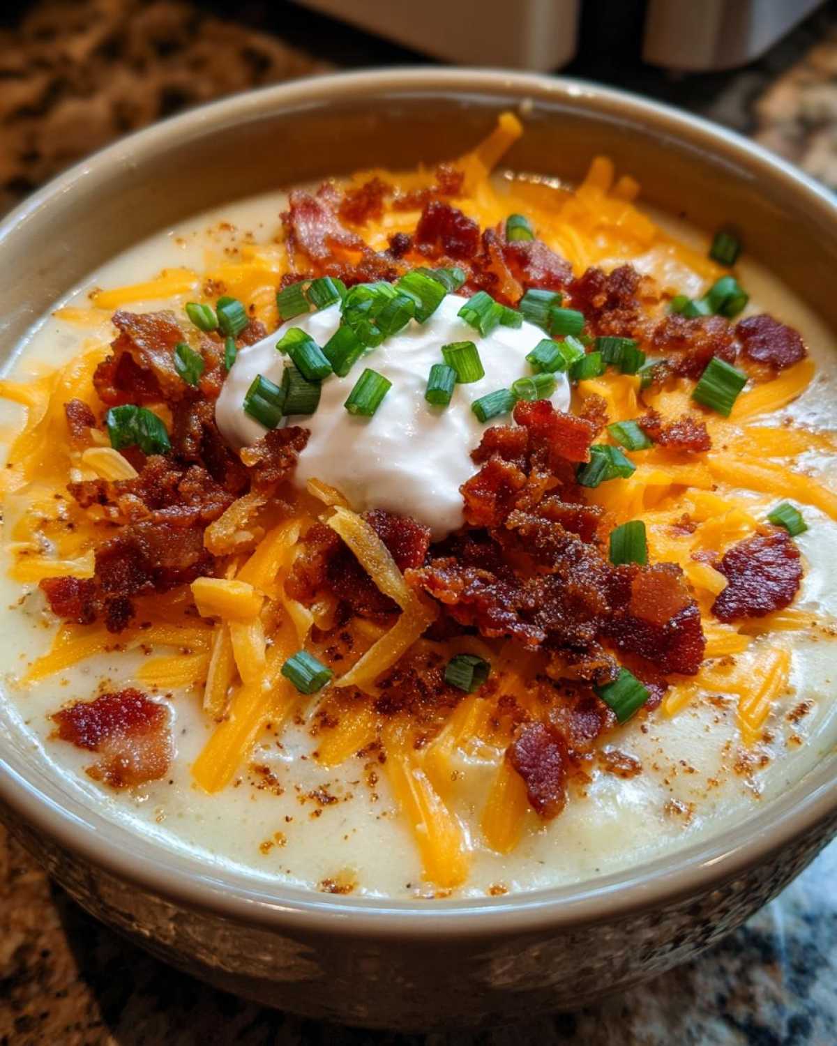 A close-up of a creamy bowl of loaded baked potato soup topped with shredded cheese, bacon, sour cream, and chives.