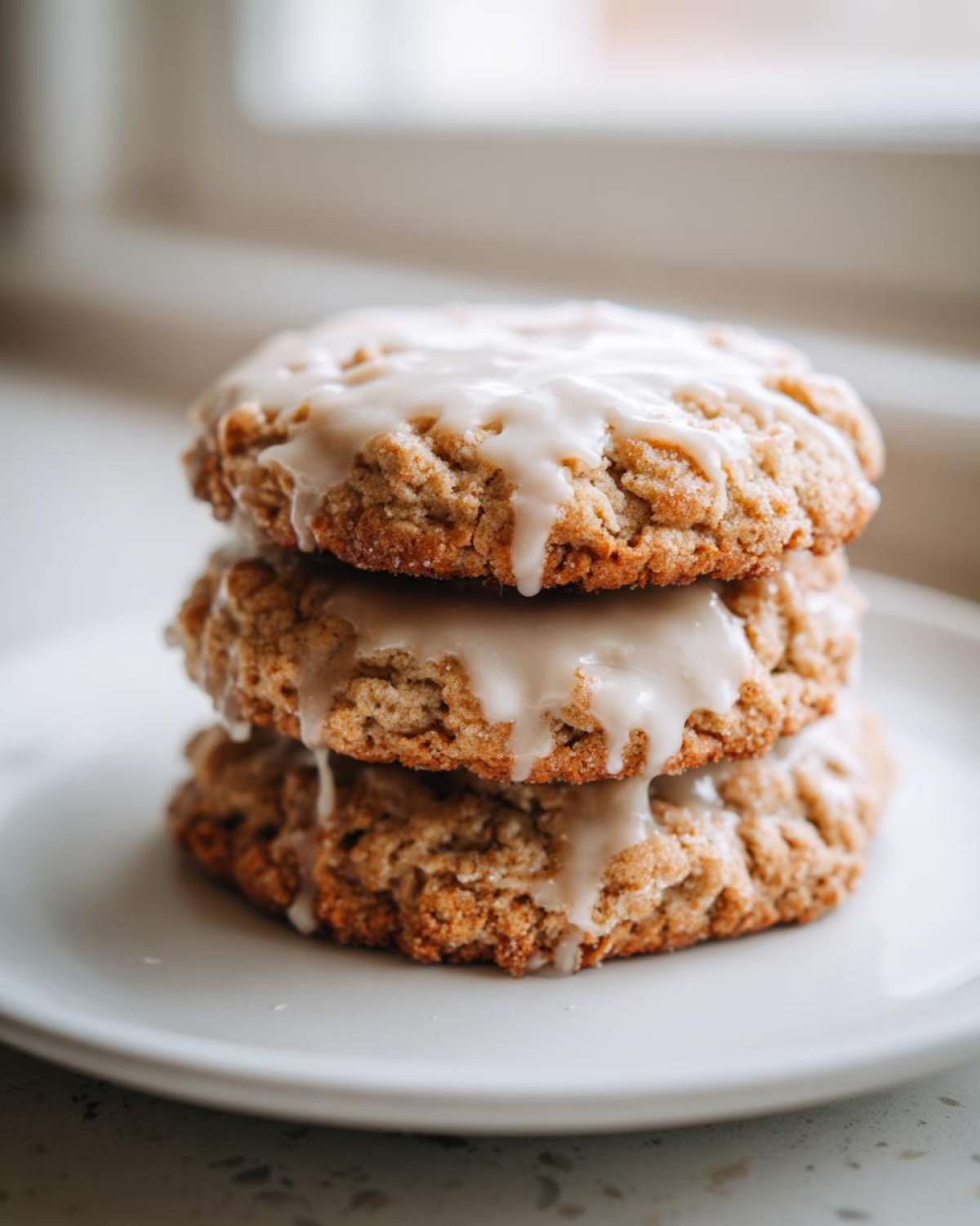 Three stacked maple brown sugar cookies topped with a thick, dripping white glaze on a white plate.