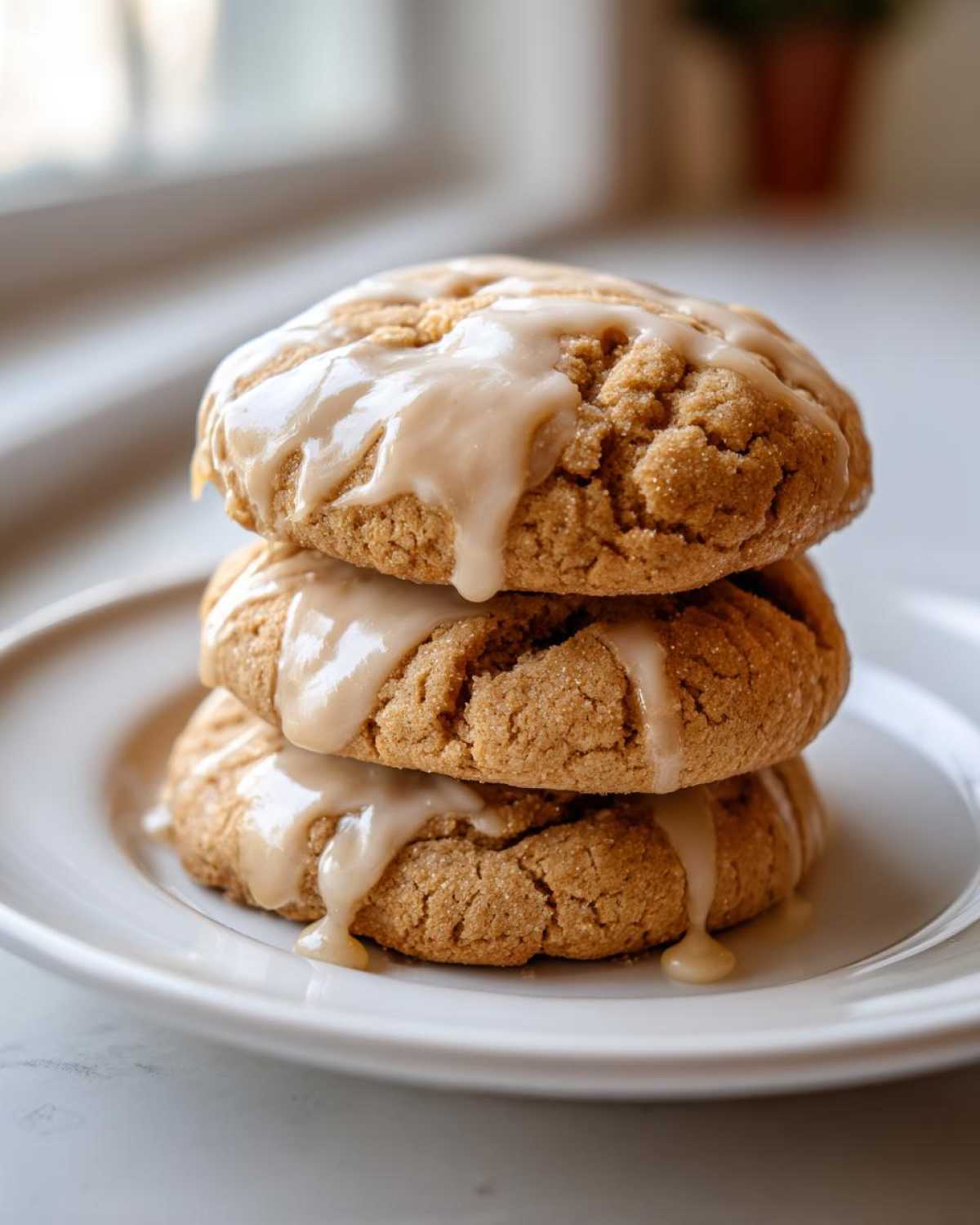 Three stacked maple brown sugar cookies drizzled with a thick, light brown glaze on a white plate.