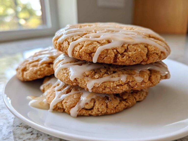 A stack of three delicious maple brown sugar cookies drizzled with white vanilla glaze.