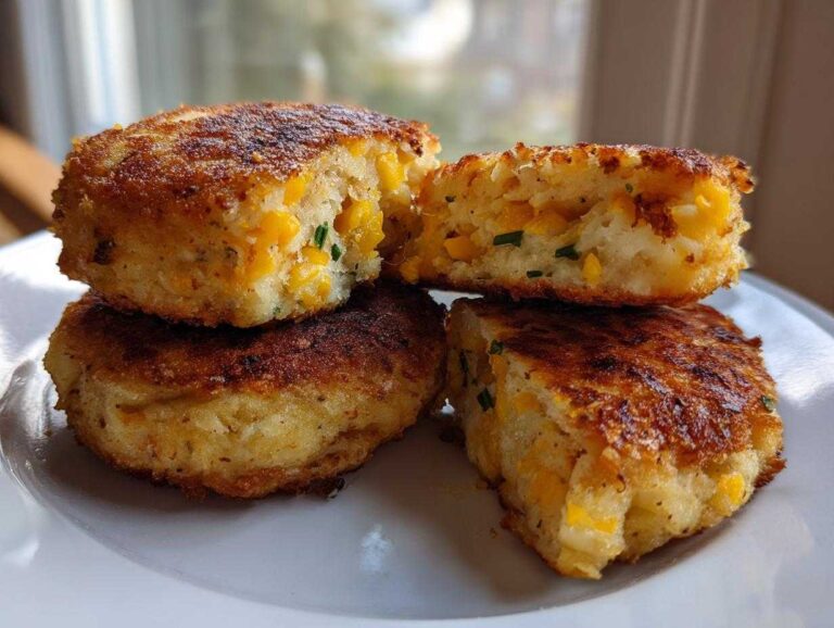 Close-up of golden brown, pan-fried mashed potato cakes, one cut open showing corn and chives inside.