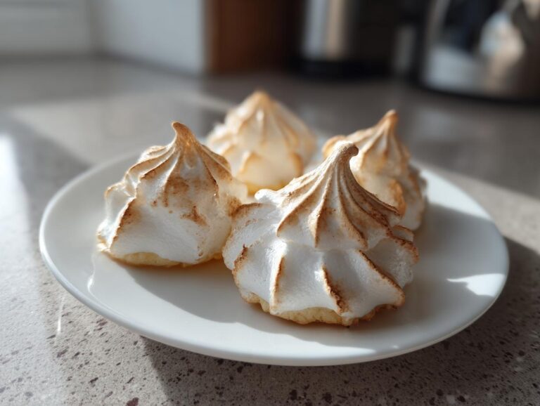 Four light brown-tipped meringue cookies piled high on a small white plate, ready to eat.